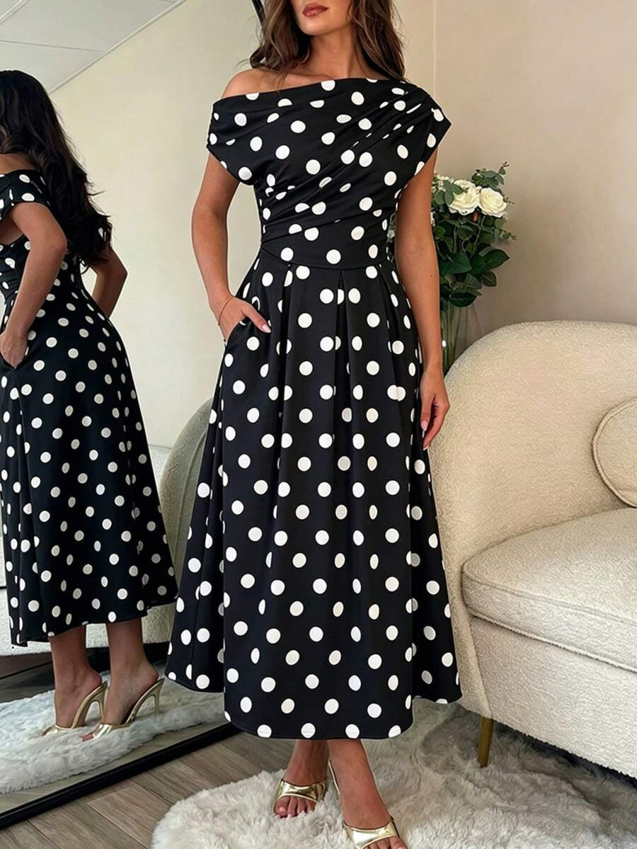 A-line Polka Dot Midi Wedding Guest Dress