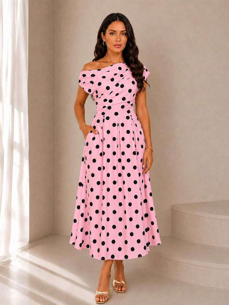 A-line Polka Dot Midi Wedding Guest Dress
