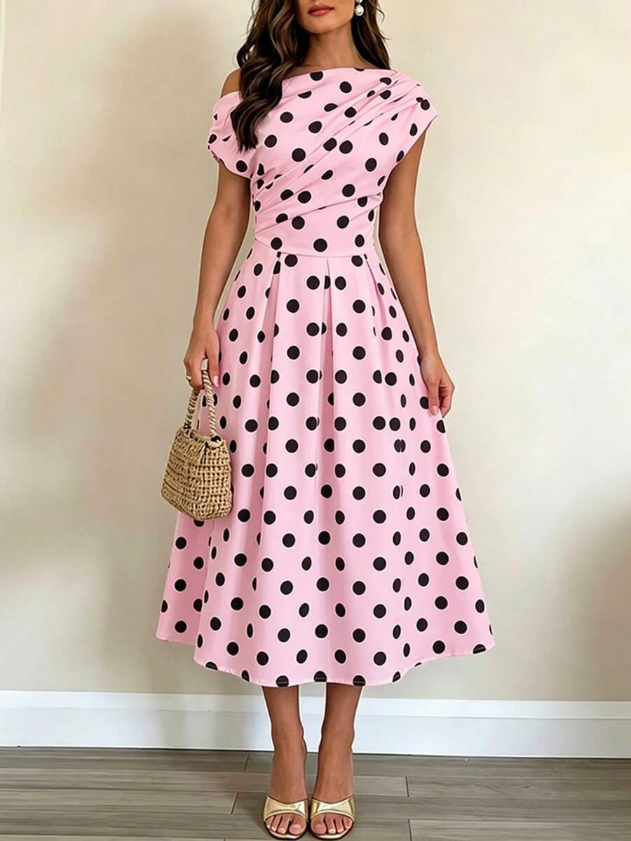 A-line Polka Dot Midi Wedding Guest Dress