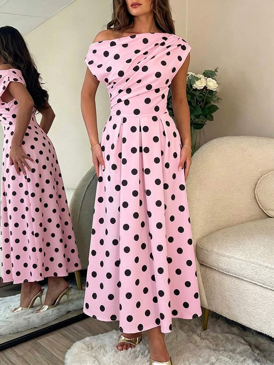 A-line Polka Dot Midi Wedding Guest Dress