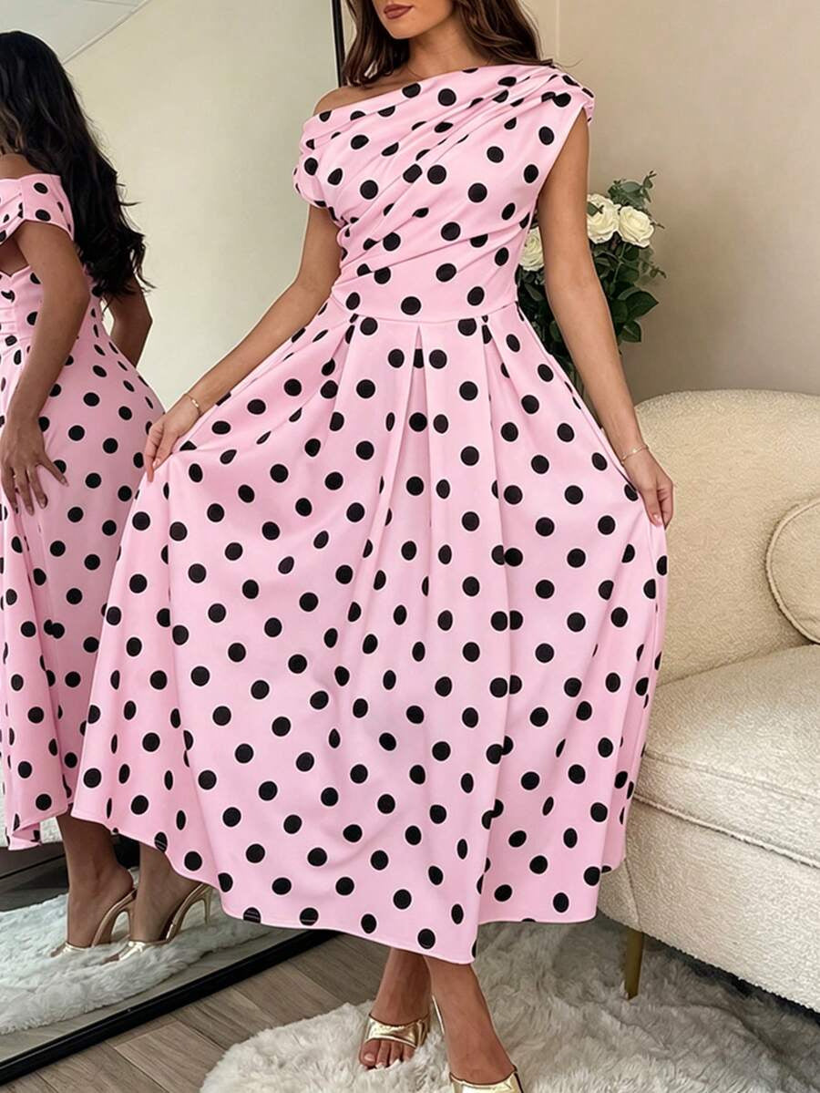 A-line Polka Dot Midi Wedding Guest Dress
