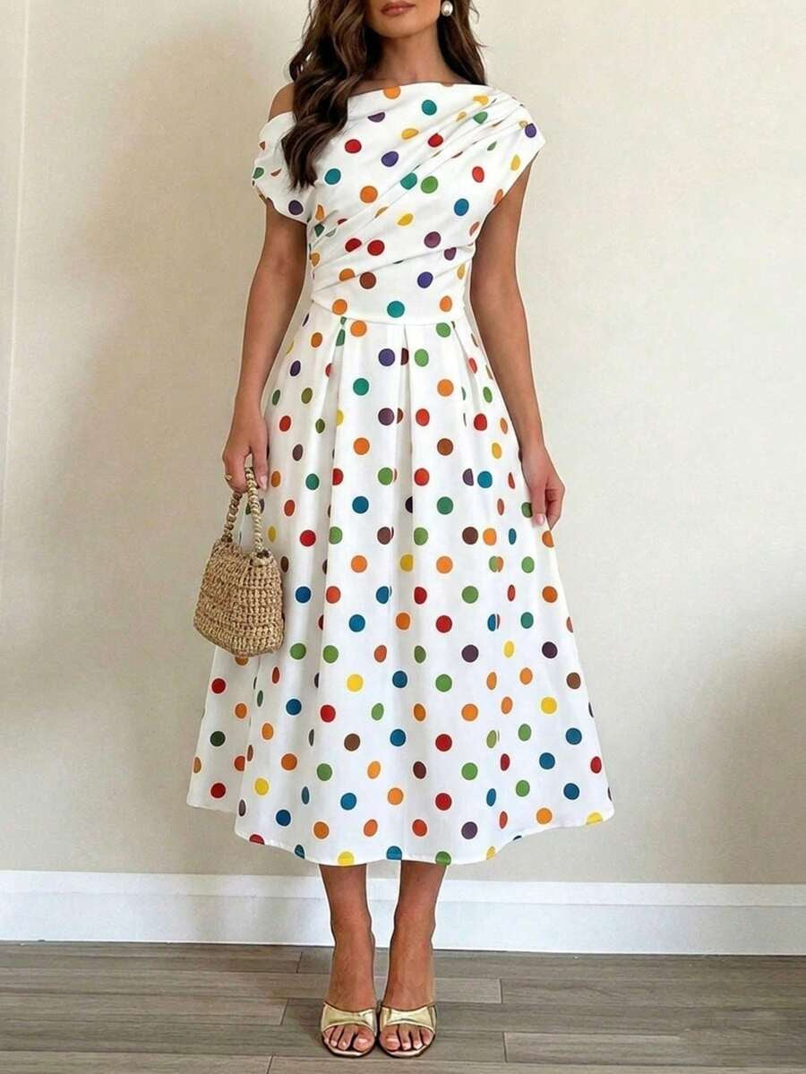 A-line Polka Dot Midi Wedding Guest Dress