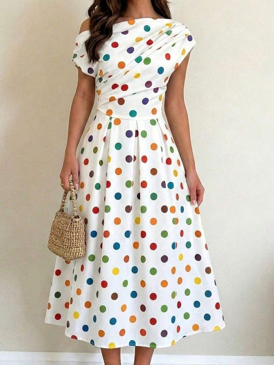 A-line Polka Dot Midi Wedding Guest Dress
