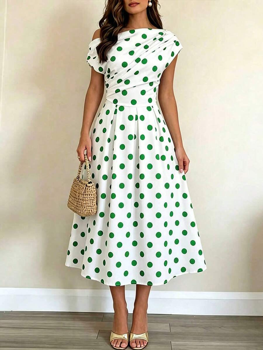 A-line Polka Dot Midi Wedding Guest Dress