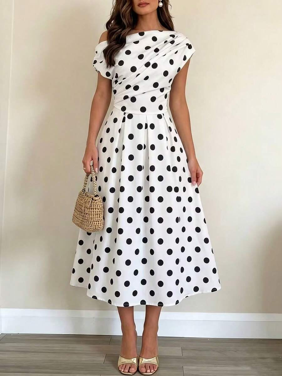 A-line Polka Dot Midi Wedding Guest Dress