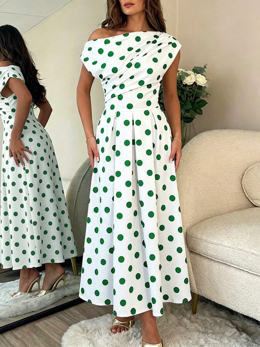 A-line Polka Dot Midi Wedding Guest Dress