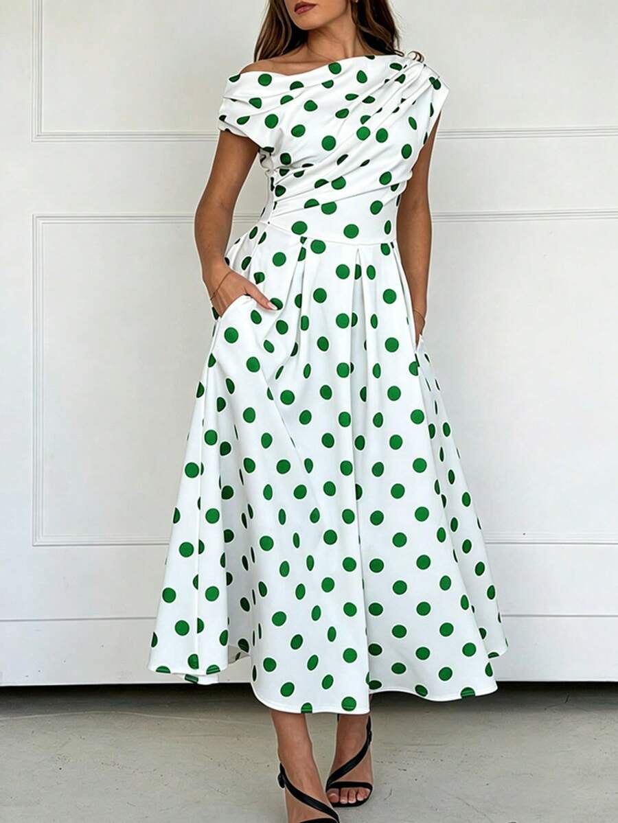 A-line Polka Dot Midi Wedding Guest Dress