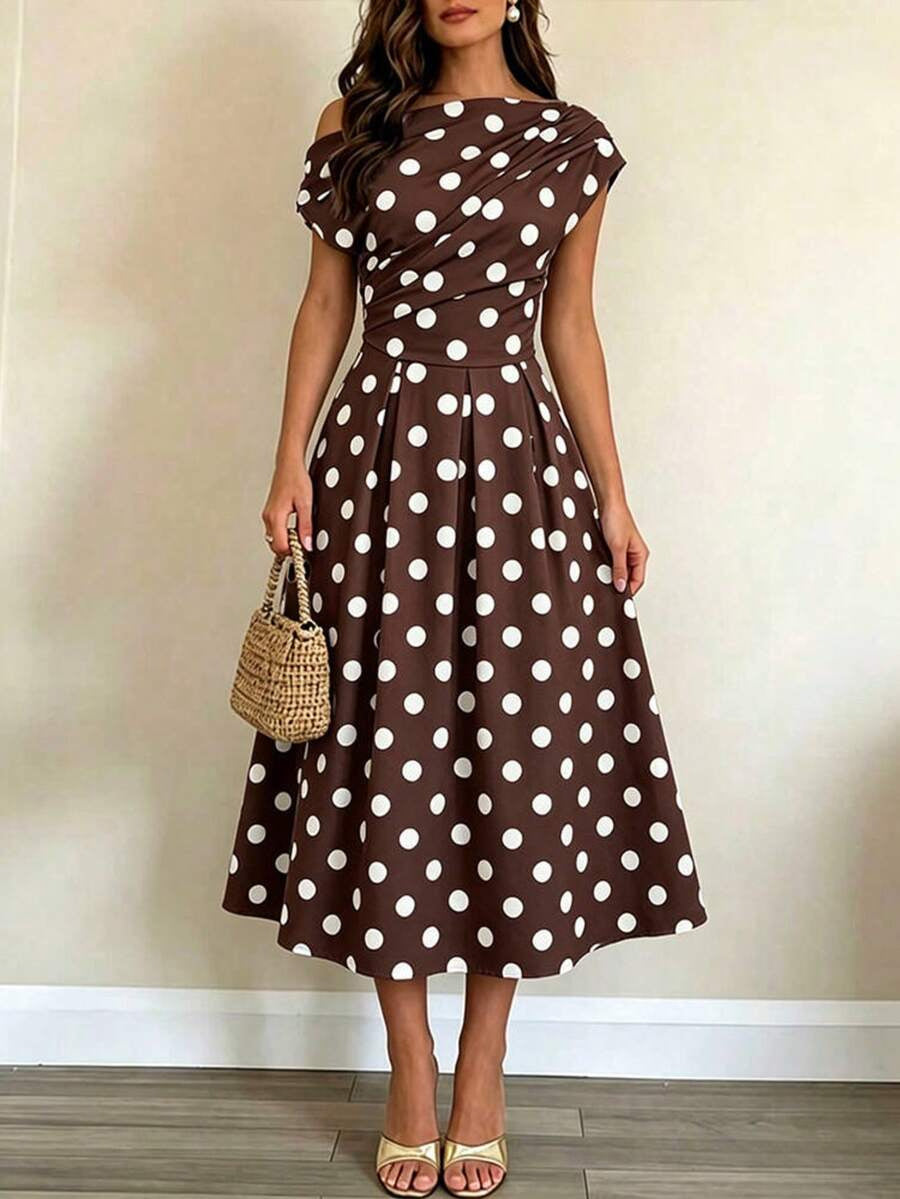 A-line Polka Dot Midi Wedding Guest Dress