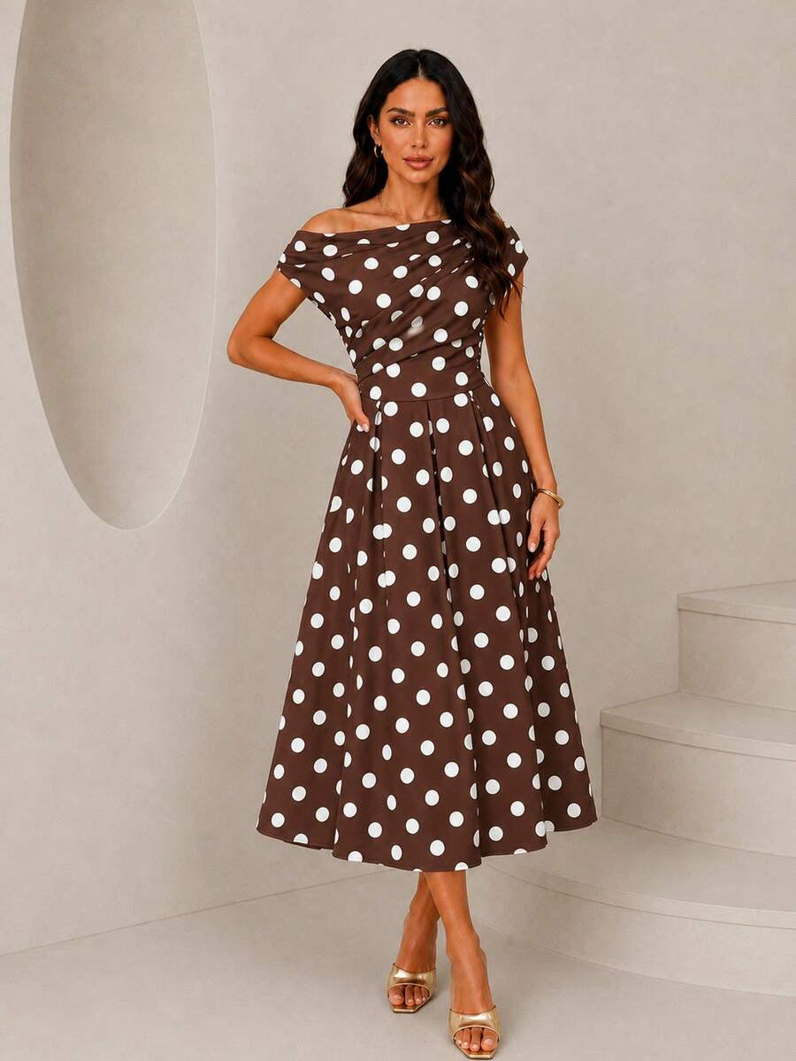A-line Polka Dot Midi Wedding Guest Dress