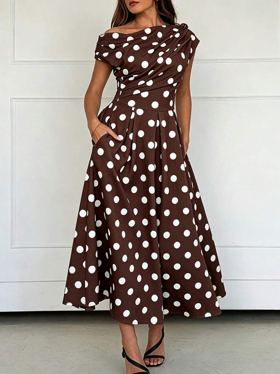 A-line Polka Dot Midi Wedding Guest Dress