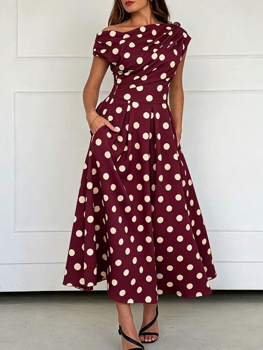 A-line Polka Dot Midi Wedding Guest Dress