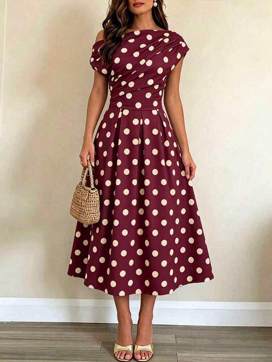 A-line Polka Dot Midi Wedding Guest Dress