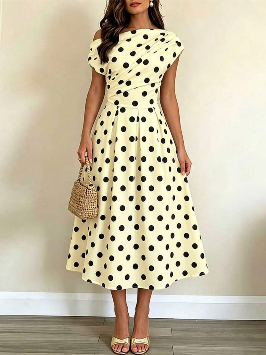 A-line Polka Dot Midi Wedding Guest Dress