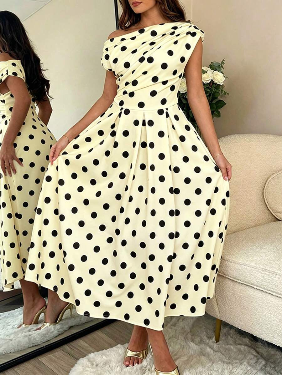 A-line Polka Dot Midi Wedding Guest Dress