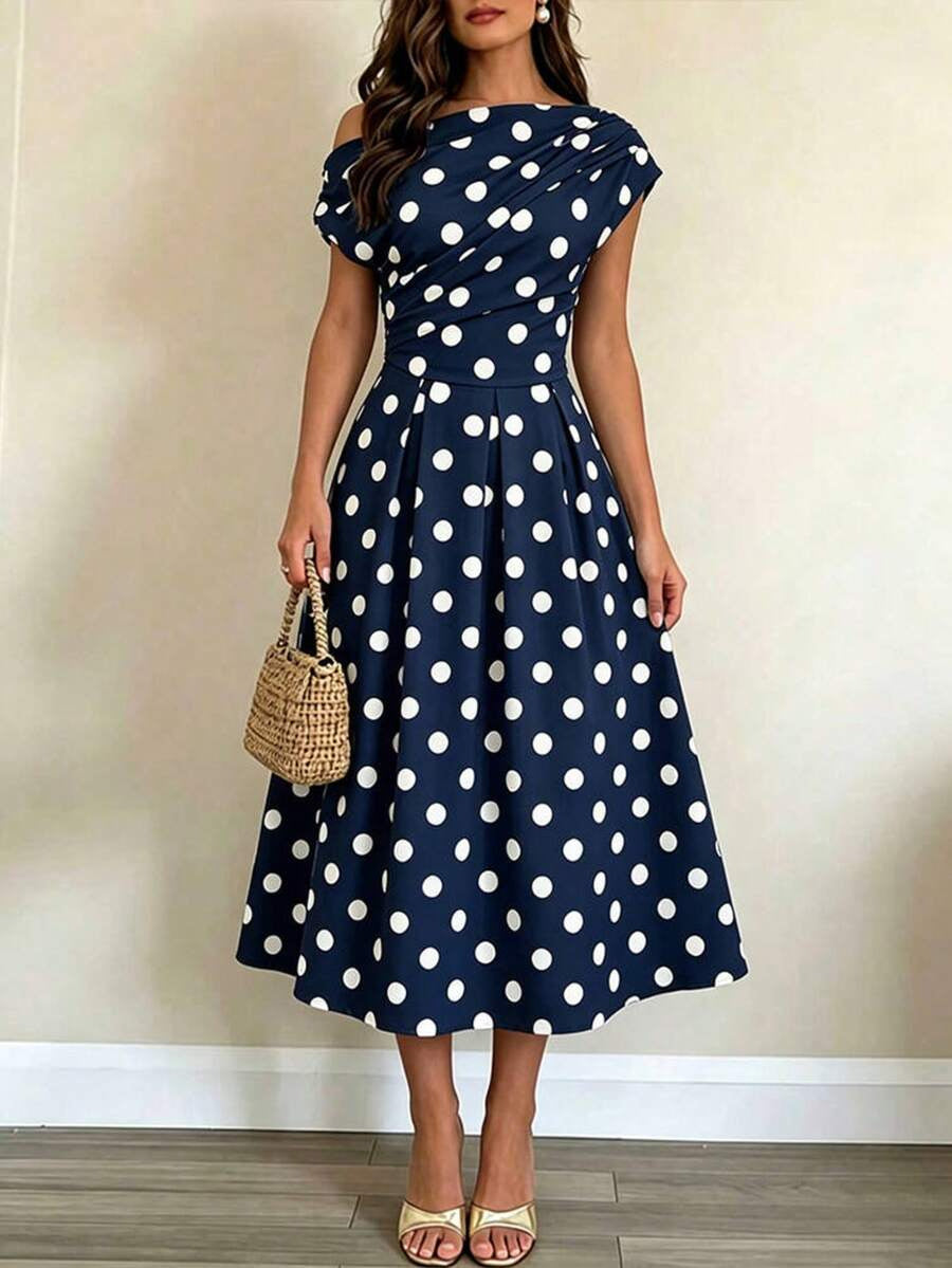 A-line Polka Dot Midi Wedding Guest Dress