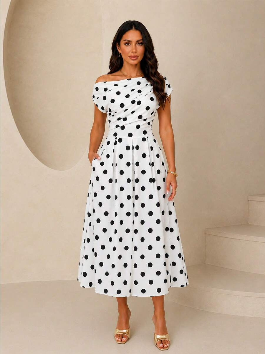 A-line Polka Dot Midi Wedding Guest Dress
