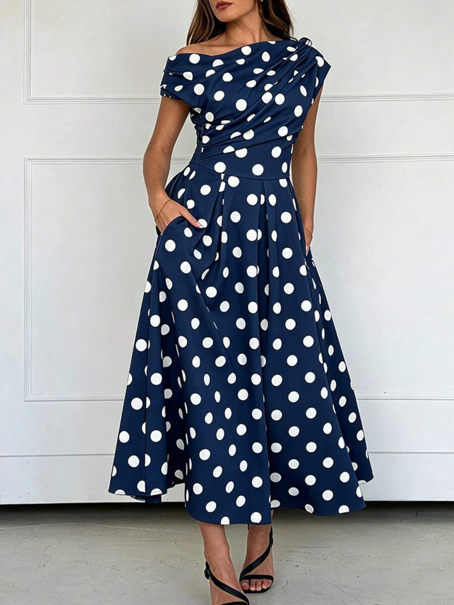 A-line Polka Dot Midi Wedding Guest Dress