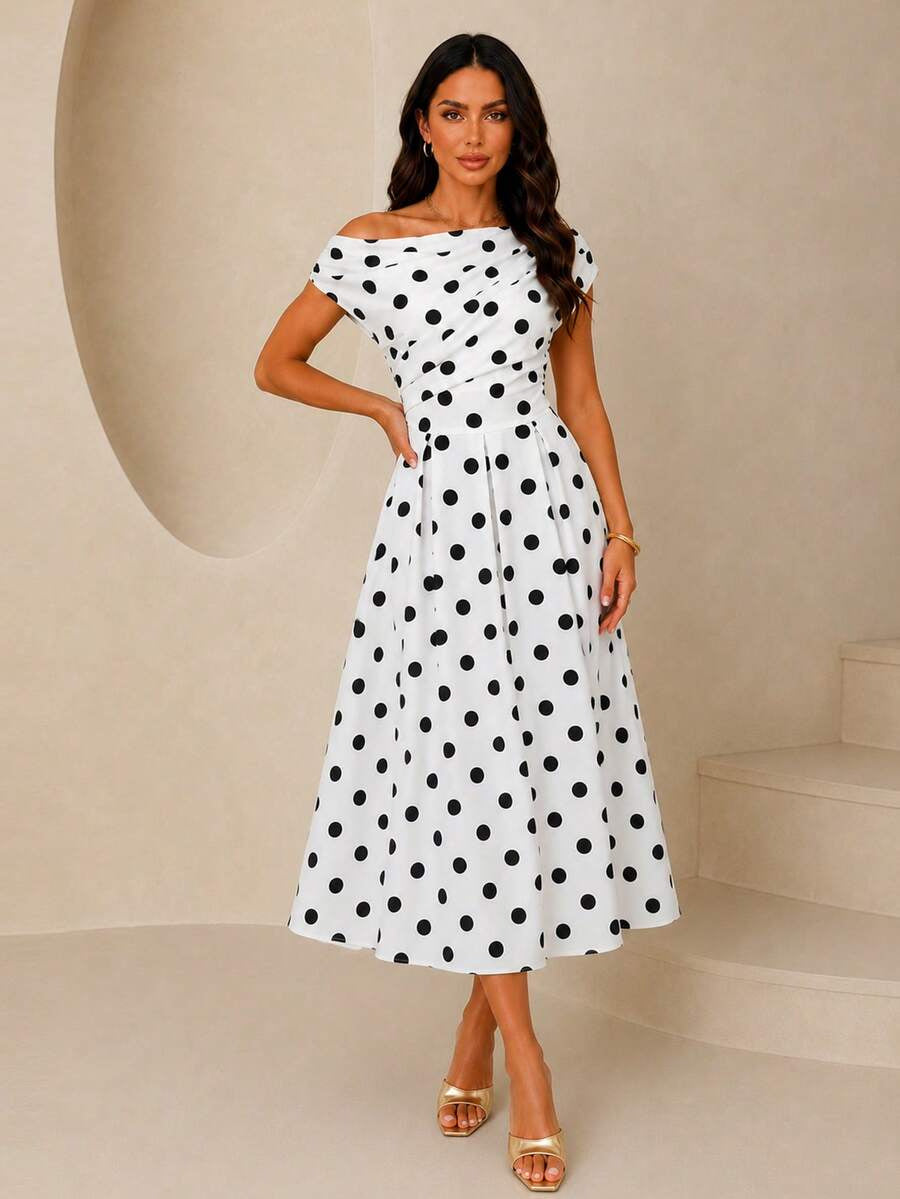 A-line Polka Dot Midi Wedding Guest Dress