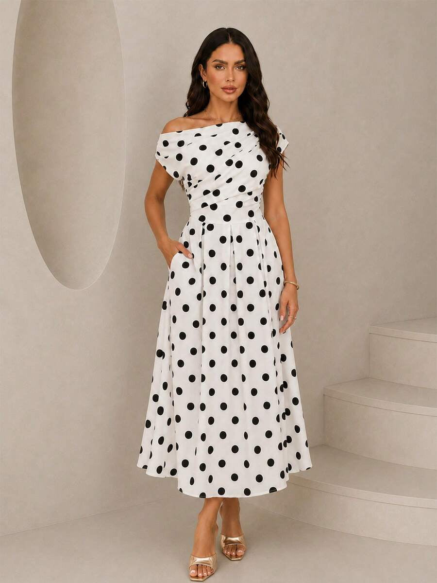A-line Polka Dot Midi Wedding Guest Dress