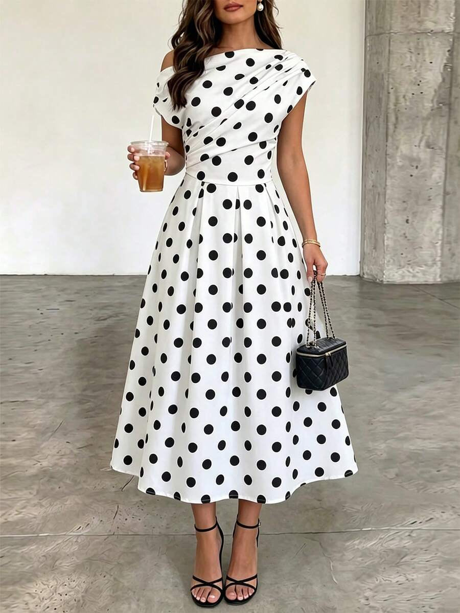 A-line Polka Dot Midi Wedding Guest Dress