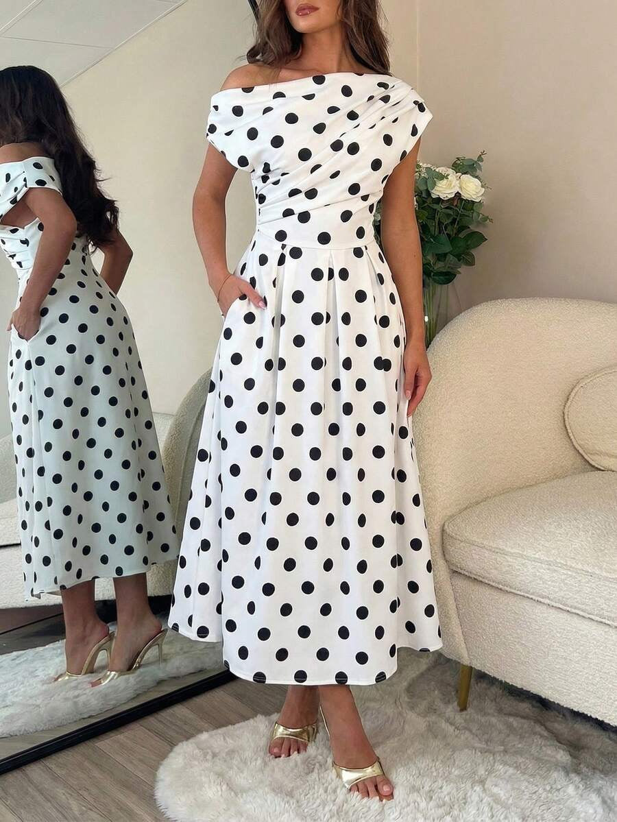 A-line Polka Dot Midi Wedding Guest Dress