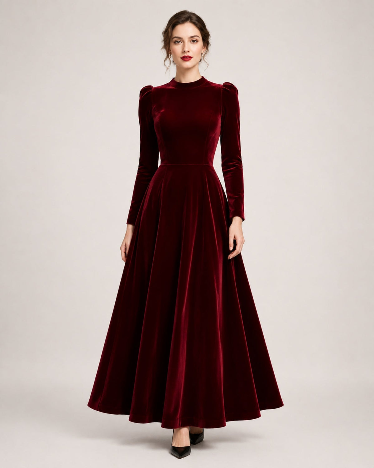 A-line Round Neck Long Sleeve Velvet Dress