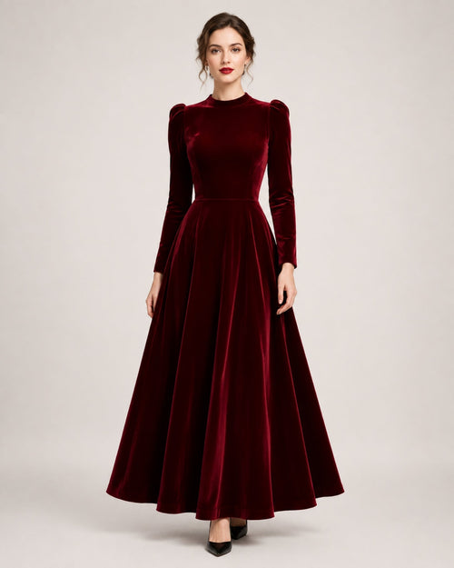 A-line Round Neck Long Sleeve Velvet Dress