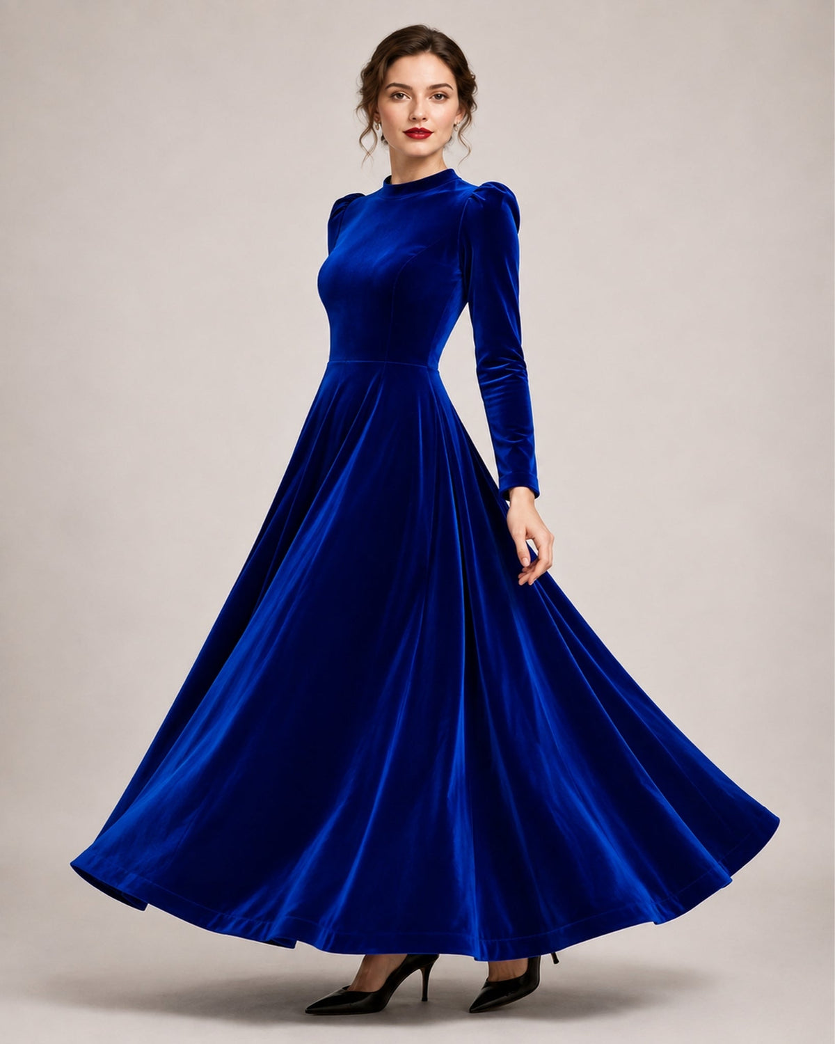 A-line Round Neck Long Sleeve Velvet Dress