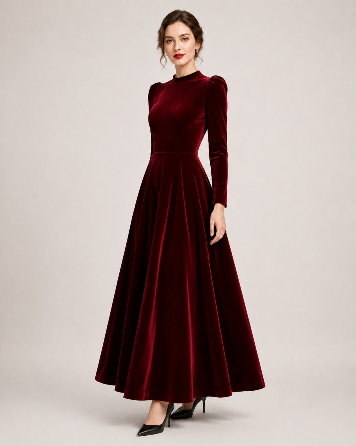 A-line Round Neck Long Sleeve Velvet Dress