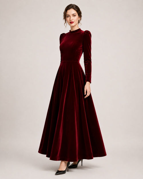 A-line Round Neck Long Sleeve Velvet Dress