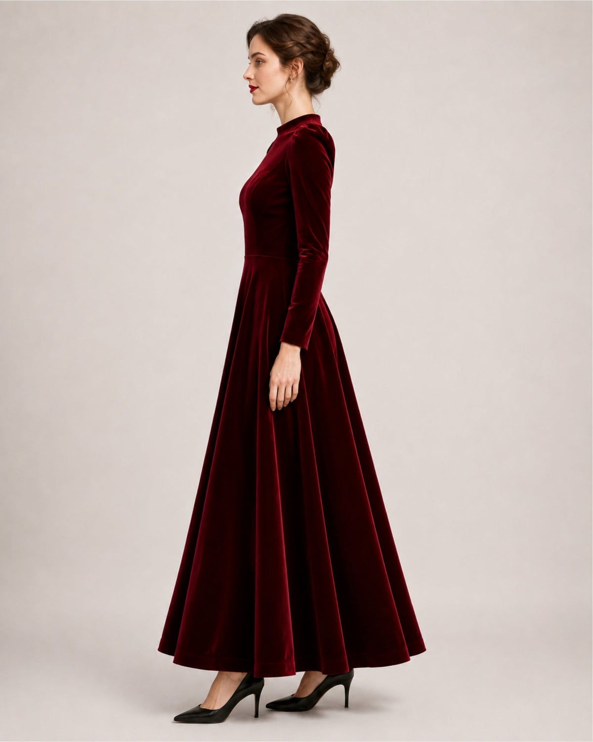 A-line Round Neck Long Sleeve Velvet Dress
