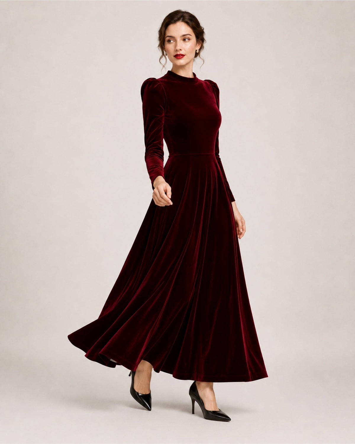 A-line Round Neck Long Sleeve Velvet Dress