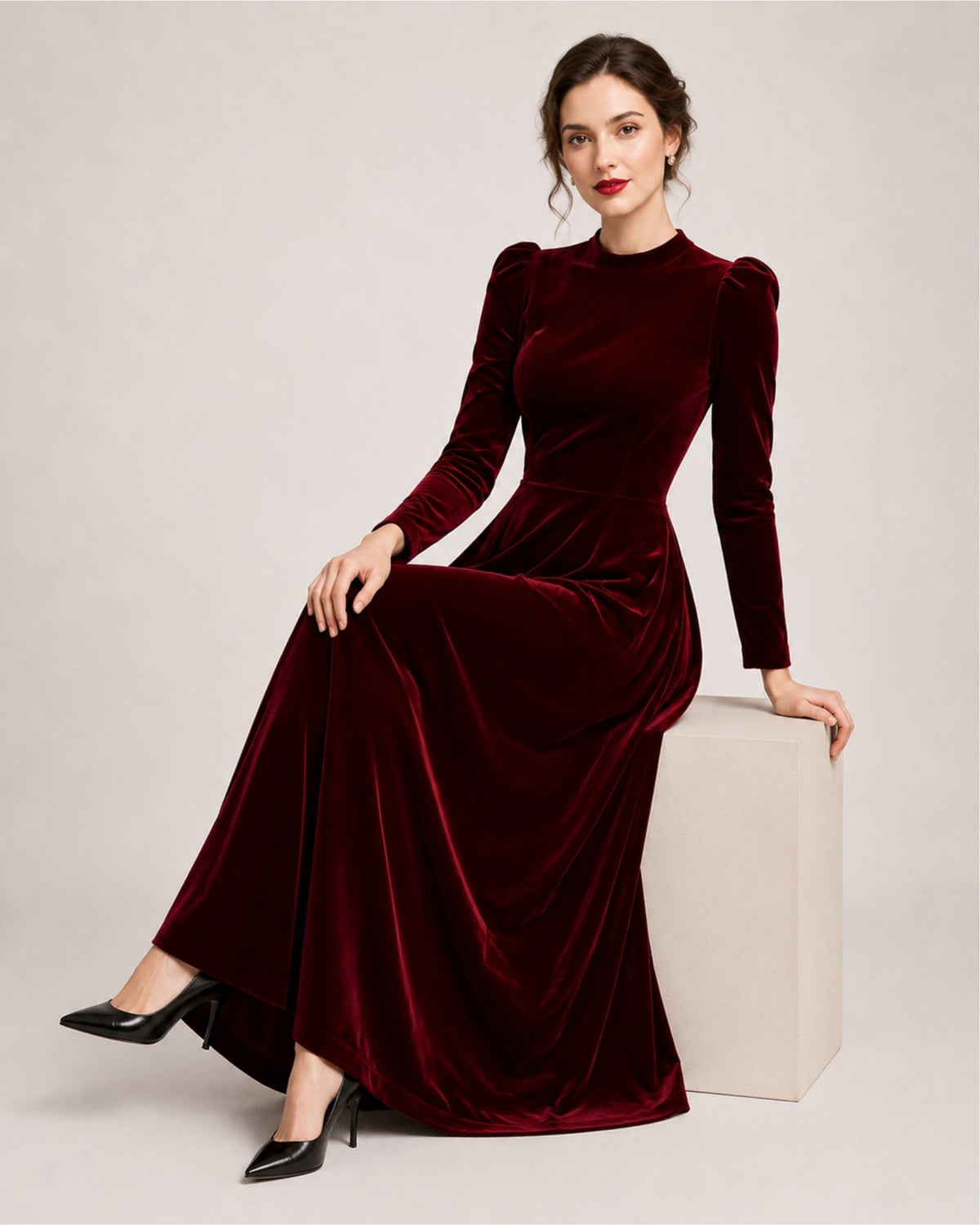 A-line Round Neck Long Sleeve Velvet Dress