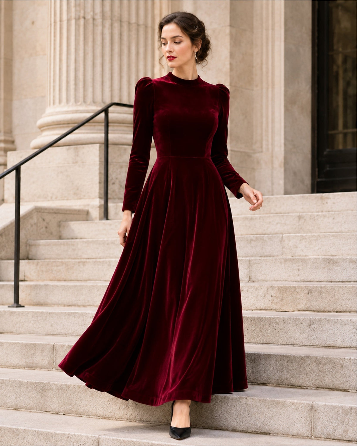 A-line Round Neck Long Sleeve Velvet Dress