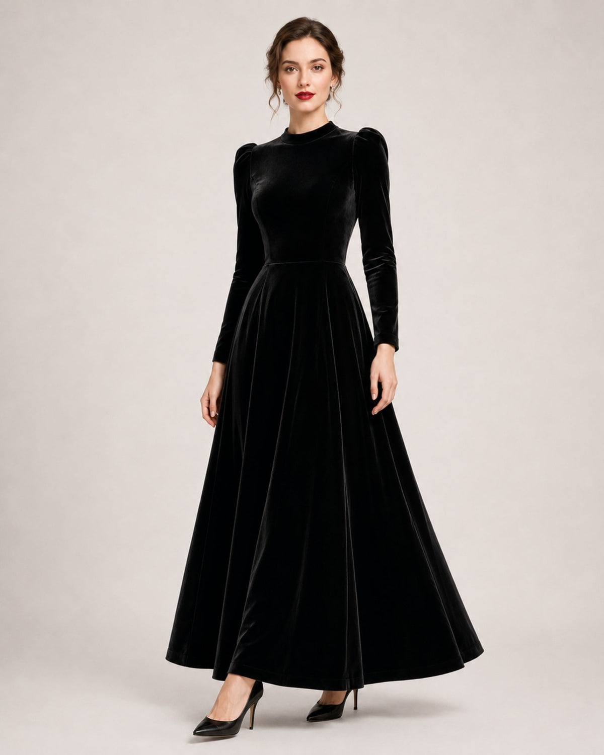 A-line Round Neck Long Sleeve Velvet Dress