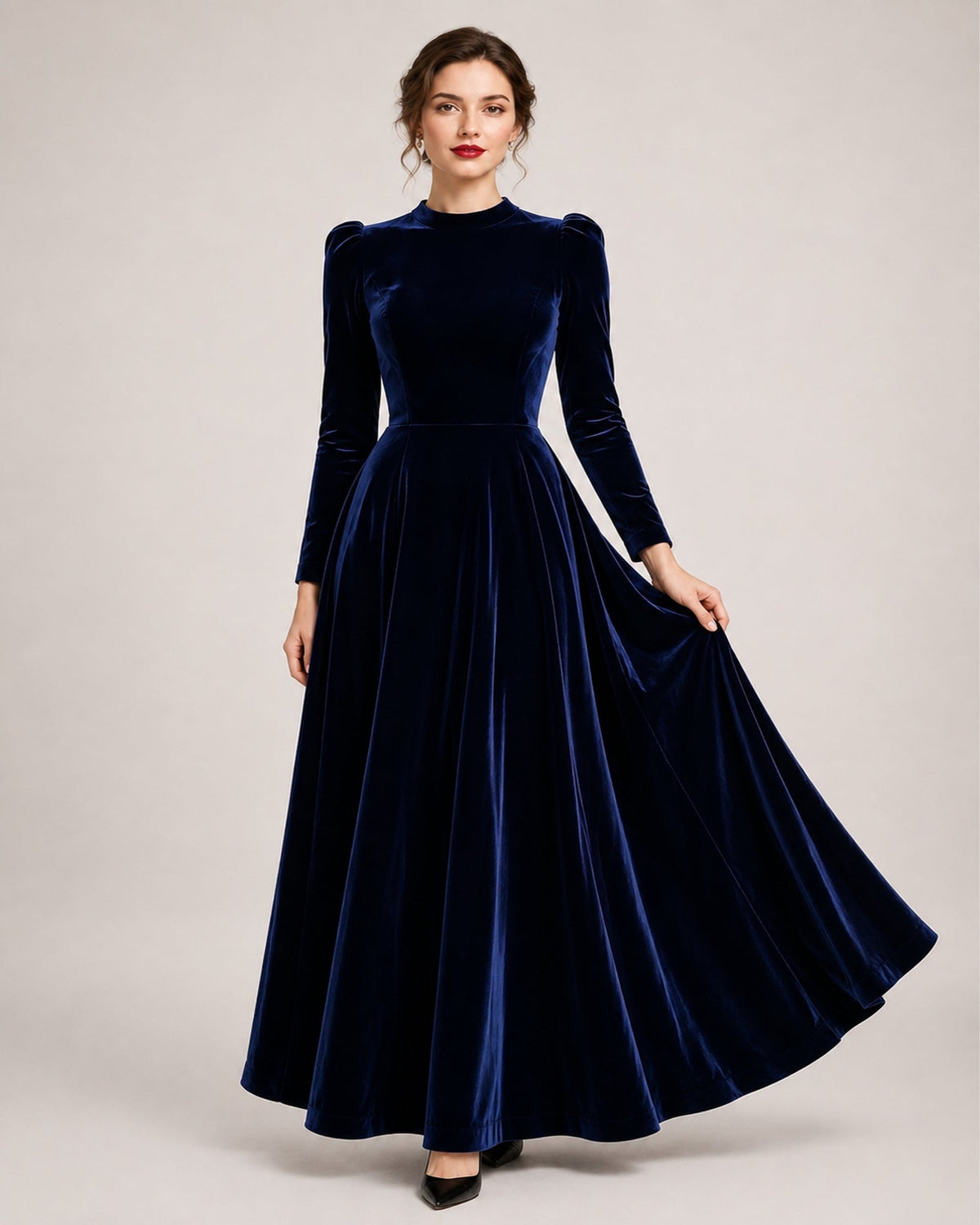 A-line Round Neck Long Sleeve Velvet Dress