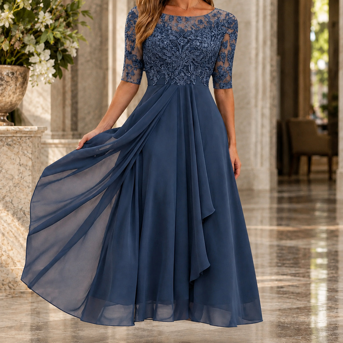A-line Three Quarter Sleeve Lace Midi Dress
