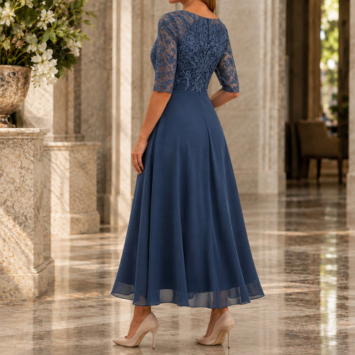 A-line Three Quarter Sleeve Lace Midi Dress