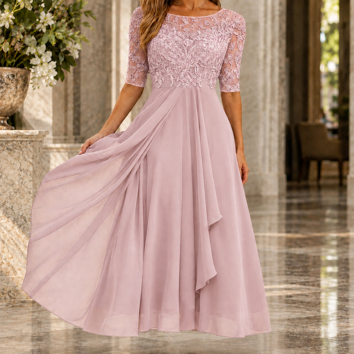 A-line Three Quarter Sleeve Lace Midi Dress