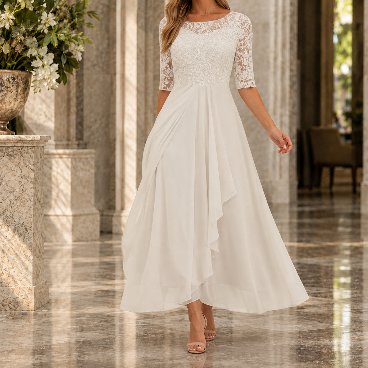 A-line Three Quarter Sleeve Lace Midi Dress
