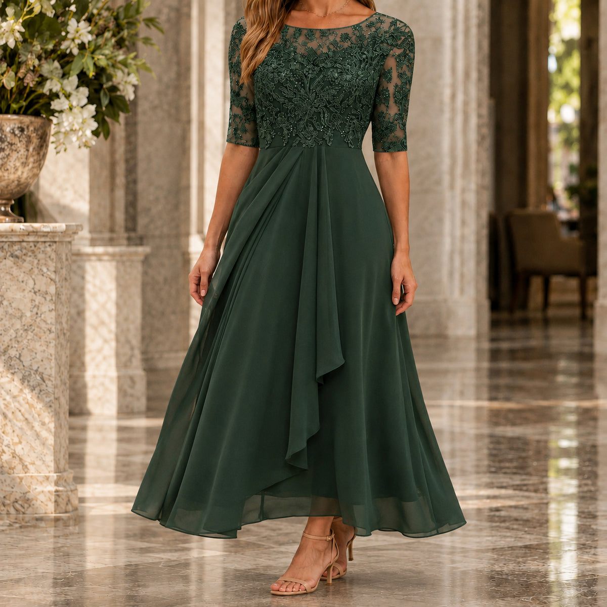 A-line Three Quarter Sleeve Lace Midi Dress