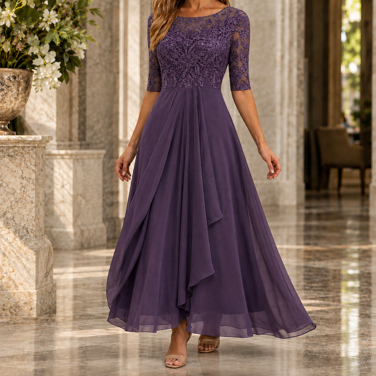 A-line Three Quarter Sleeve Lace Midi Dress