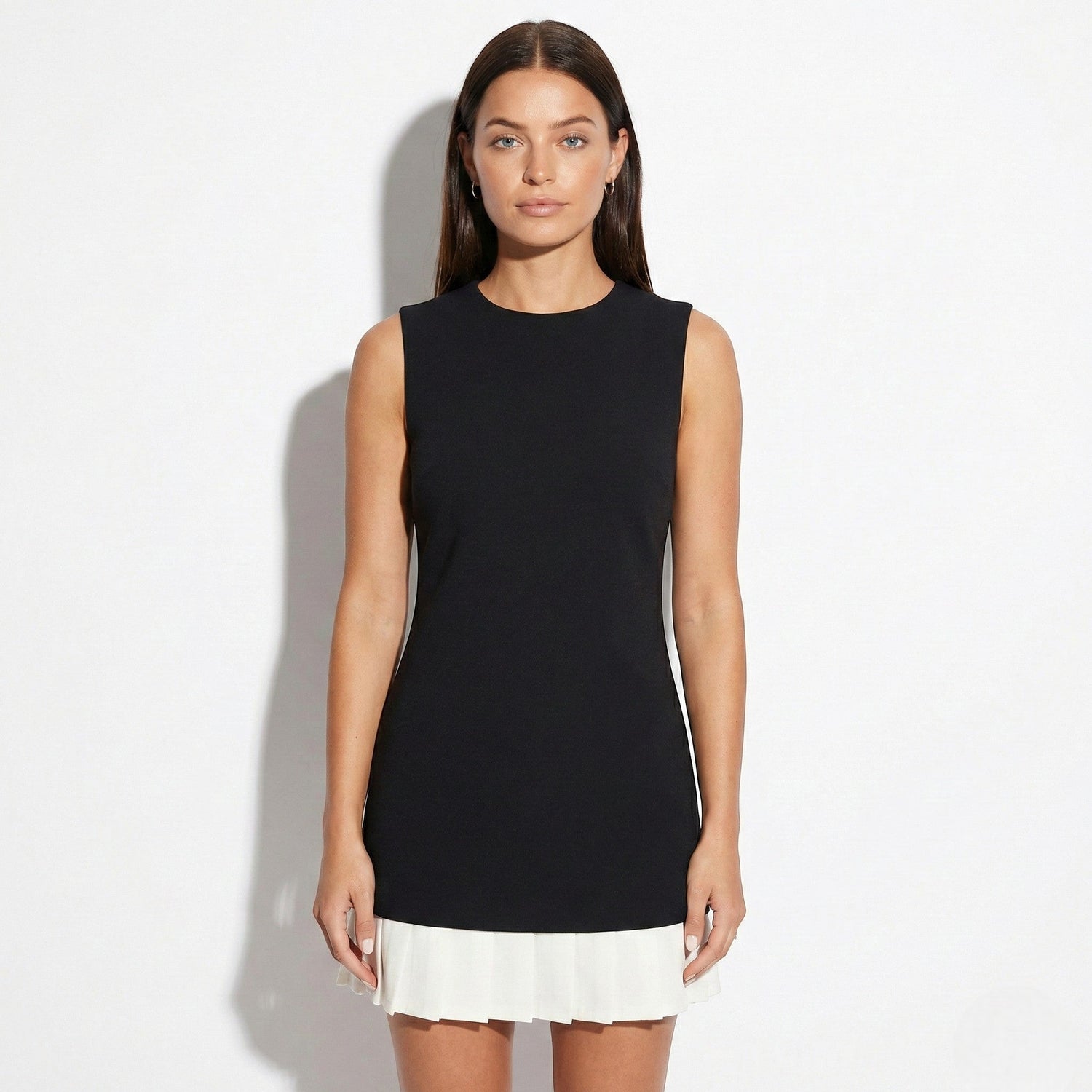 Black Sleeveless Mini Dress with Pleated Contrast Hem