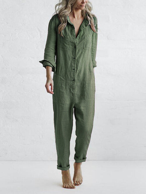 Collared Button Front Long Sleeve Jumpsuit