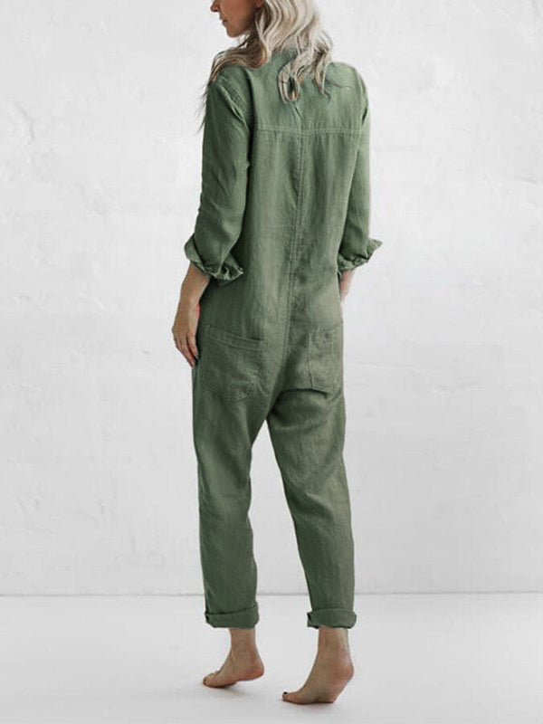 Collared Button Front Long Sleeve Jumpsuit