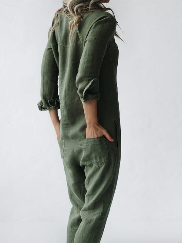Collared Button Front Long Sleeve Jumpsuit