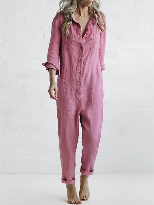 Collared Button Front Long Sleeve Jumpsuit