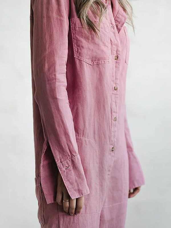Collared Button Front Long Sleeve Jumpsuit