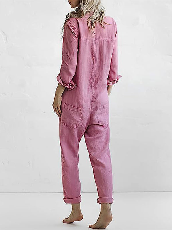 Collared Button Front Long Sleeve Jumpsuit