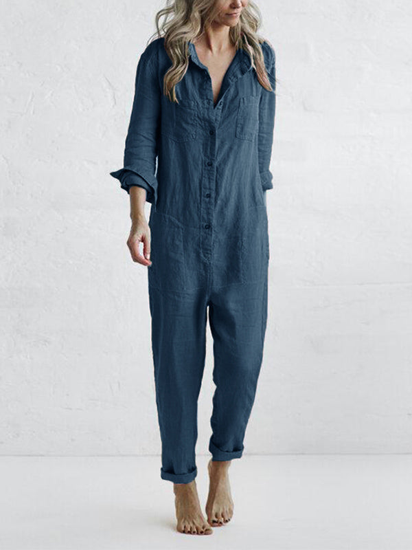 Collared Button Front Long Sleeve Jumpsuit